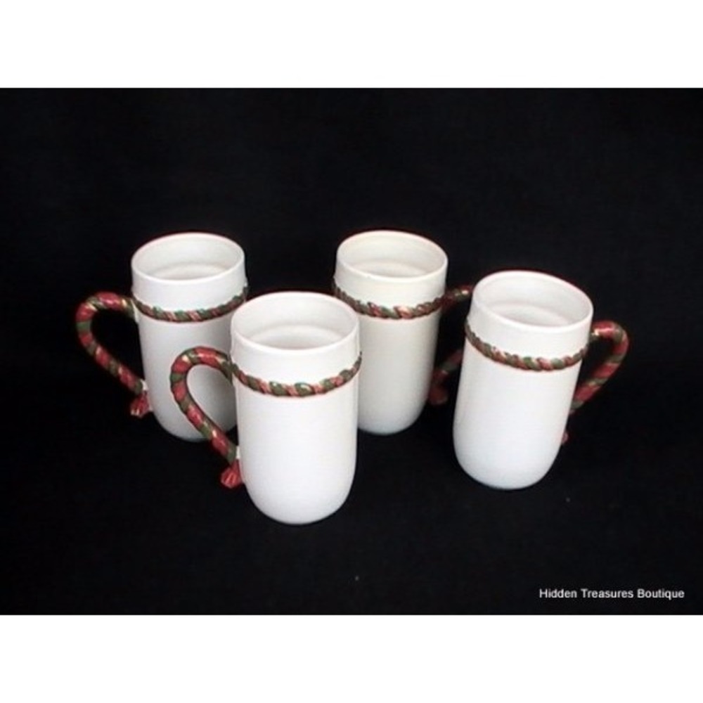 Fitz & Floyd Omnibus OCI 4 Christmas Cups Mugs White Ceramic Red Green gold Rope